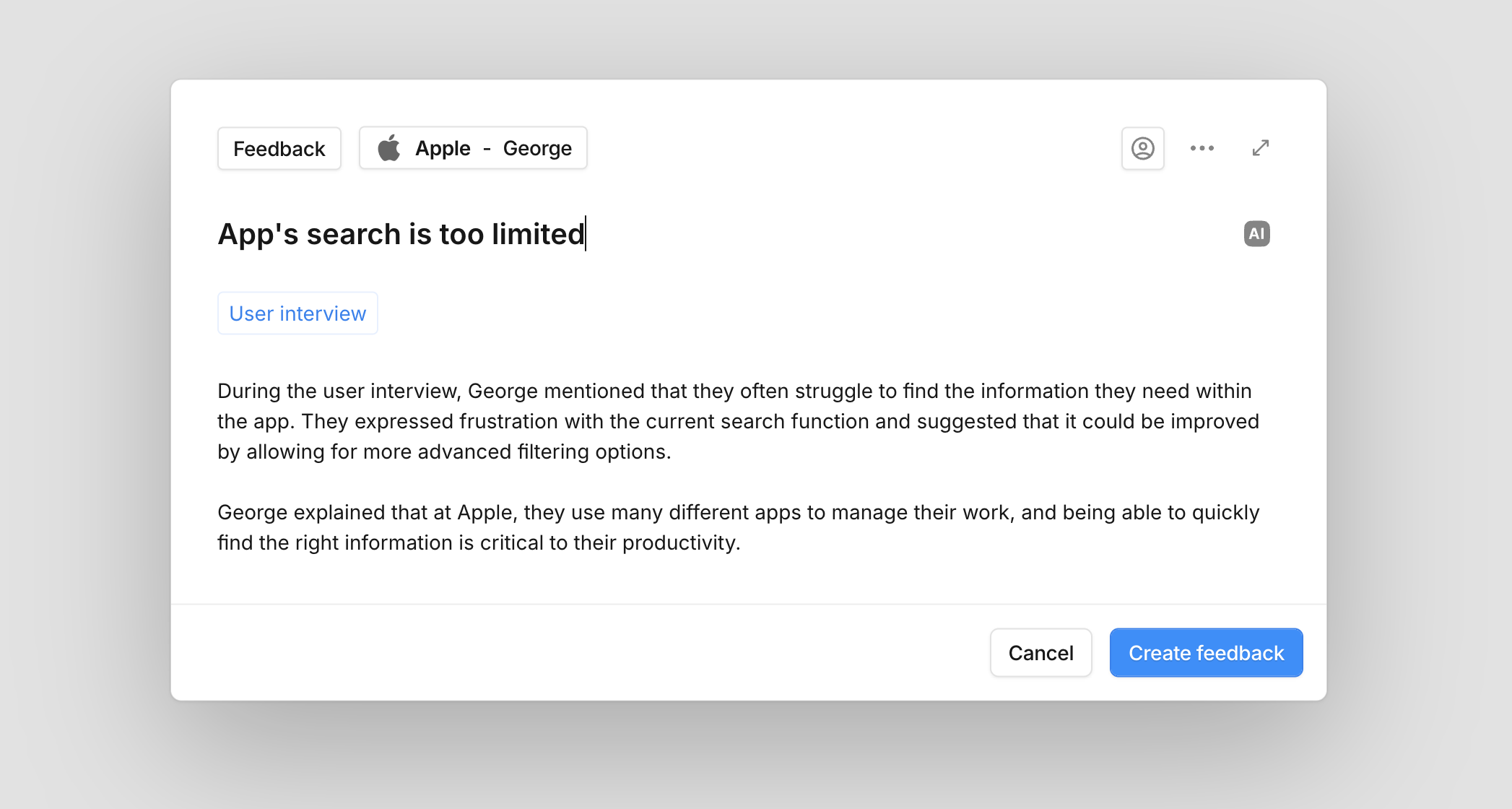 Screenshot creating feedback in the new modal