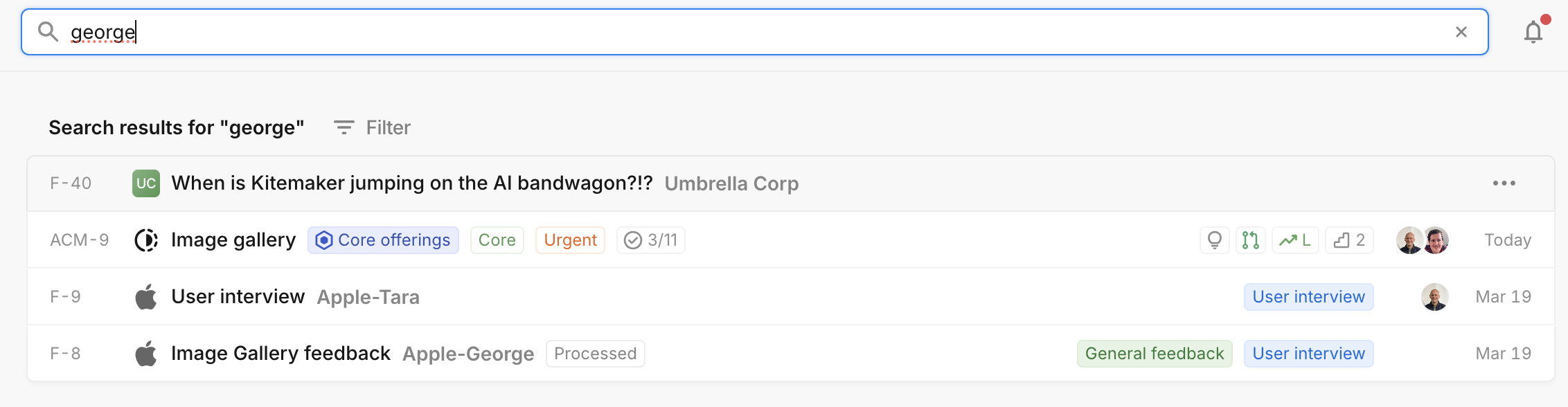 Screenshot of a search with feedback results